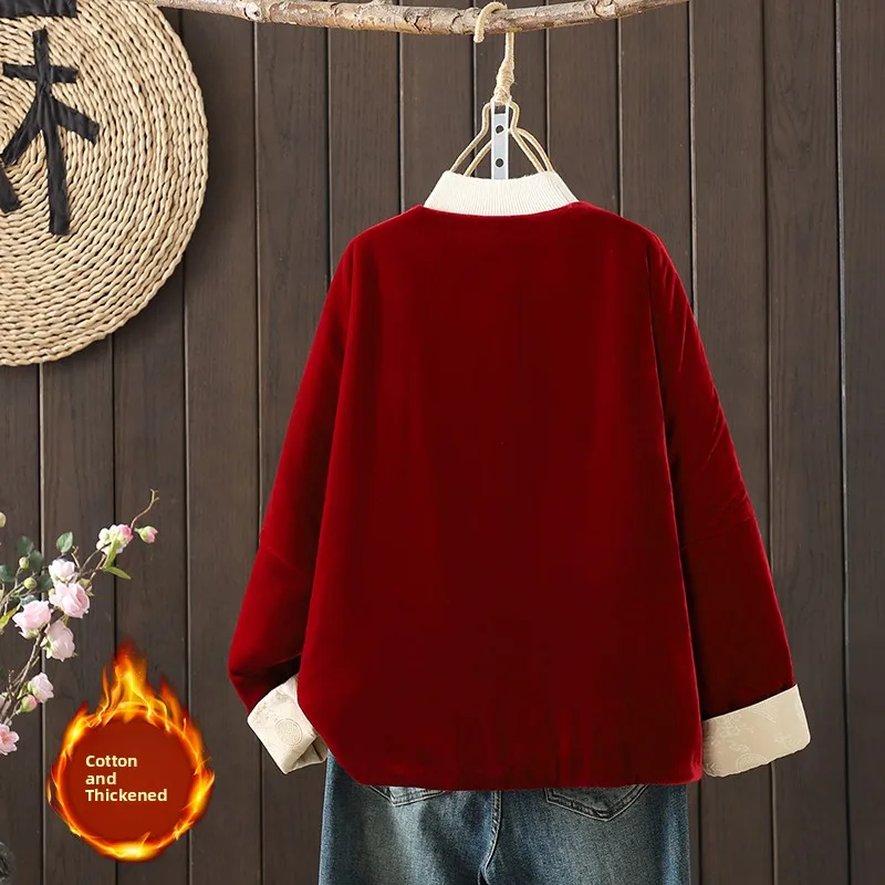New Chinese Sle Silk Velvet Winter Cotton Jaet Women's Top Artistic Retro Tang Costume Coat Women's New Year's Gift