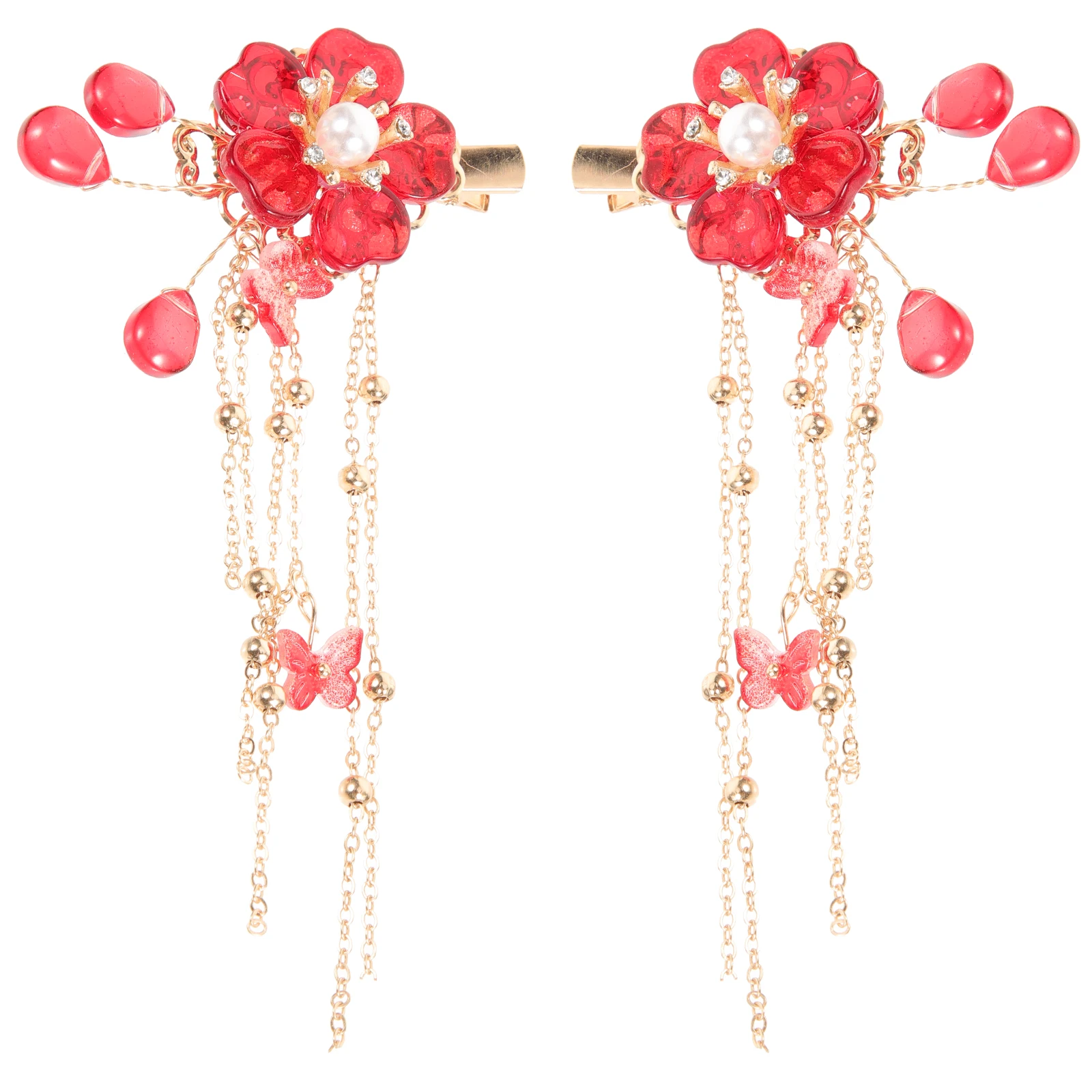 

2pcs Red Glazed Flower Hair Clips with Tassel for Women Girls Wedding Party Prom Banquet Photo Session Thick Thin Hair