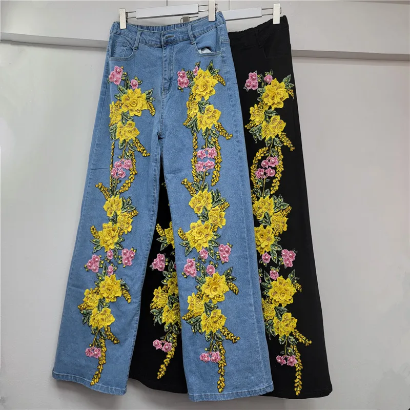 

Модные женские джинсы с цветочной вышивкой, новые эластичные универсальные элегантные прямые брюки с высокой талией 2023 года