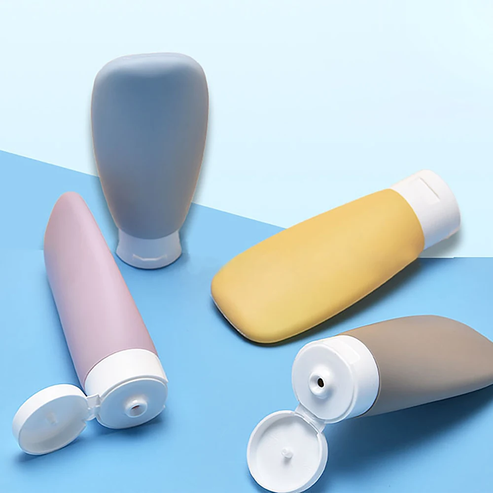 Portable Silicone Travel Bottles Set, recarregável, tubo de aperto vazio, cosméticos, loção, shampoo, gel de banho Container, 60ml, 4pcs por pacote