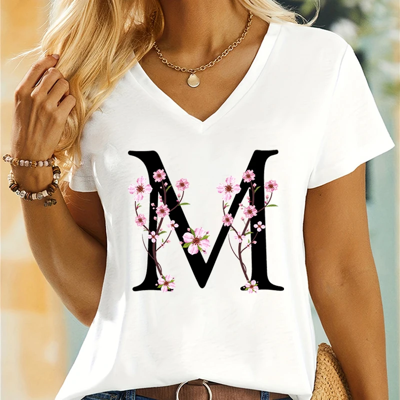 Women's Cherry Blossom Graphics Letter T Shirt 26 Alphabet V Neck Summer Short Sleeve Tops Flower Floral Loose Female Tshirt