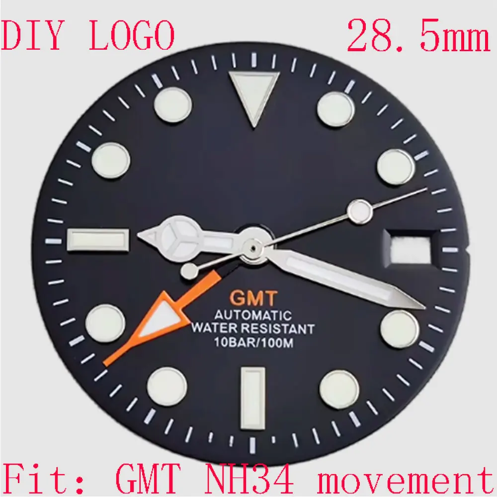 

28.5mm watch dial C3 Super Green glow in the dark for GMT NH34 automatic movement assembly watch accessories matching hands