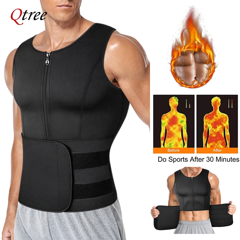 Qtree Men Body Shaper Waist Trainer Vest Slimming Sauna Sweat Jacket Compression Shapewear Fat Burner Workout Belly Trimmer Tops