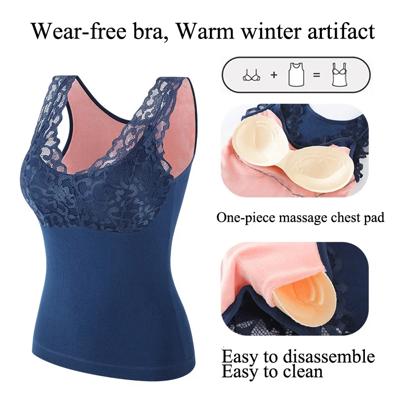 Chaleco superior de encaje cálido para mujer, ropa interior térmica, camisetas sin mangas de lana de encaje Sexy de terciopelo, chaleco cálido moldeador de cuerpo para mujer XL