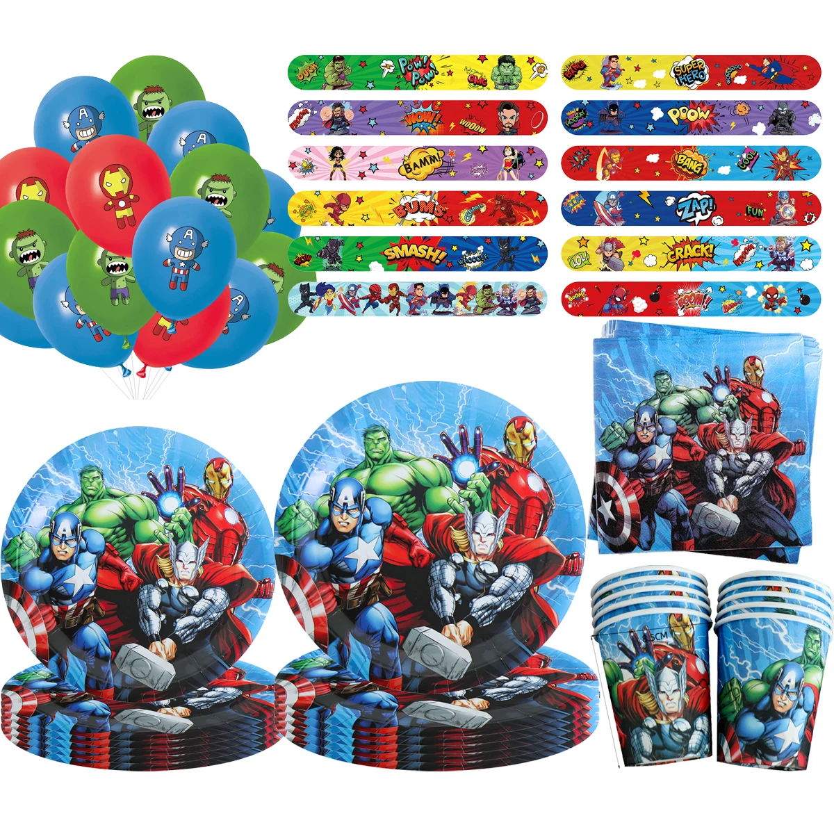 The Avengers Disposable Tableware Set Party Decoration Paper Cups Plates Napkins Tablecloth Slap Bracelets Stamps Party Favor