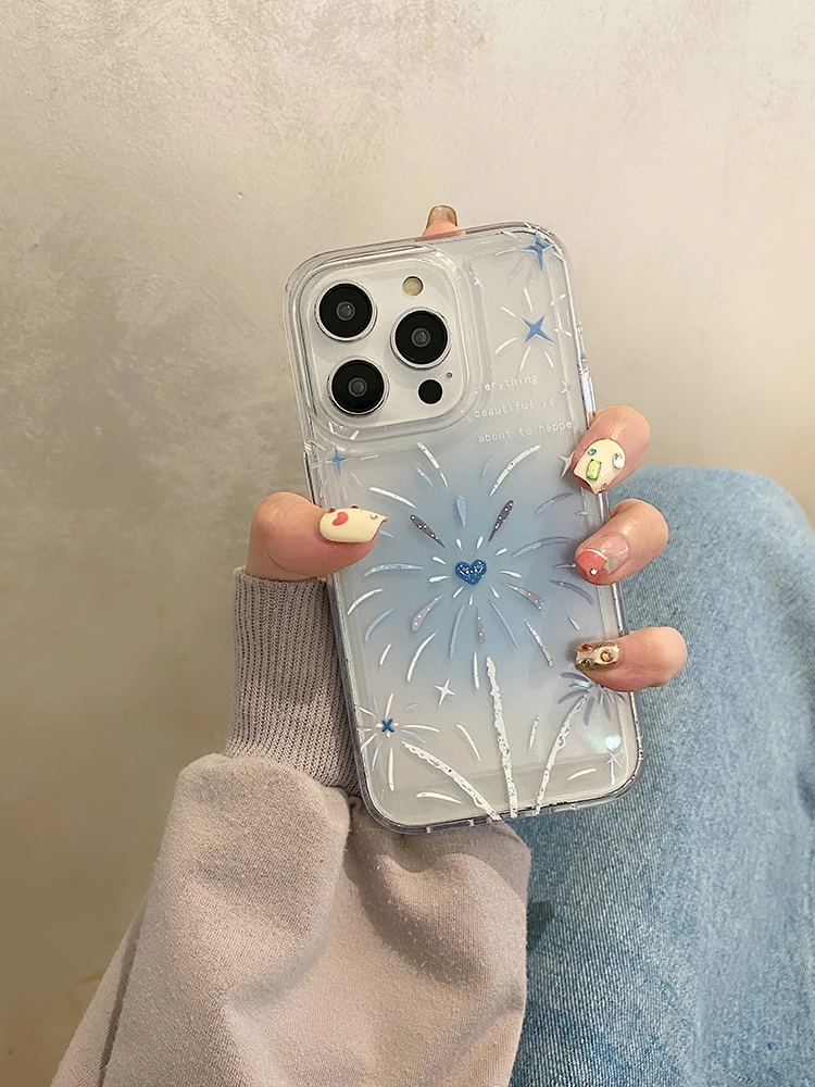 Gradient Blue Love Heart Fireworks Clear Phone Case For iPhone 15 Pro Max 14 13 11 12 X XR XS Max Shockproof Cover