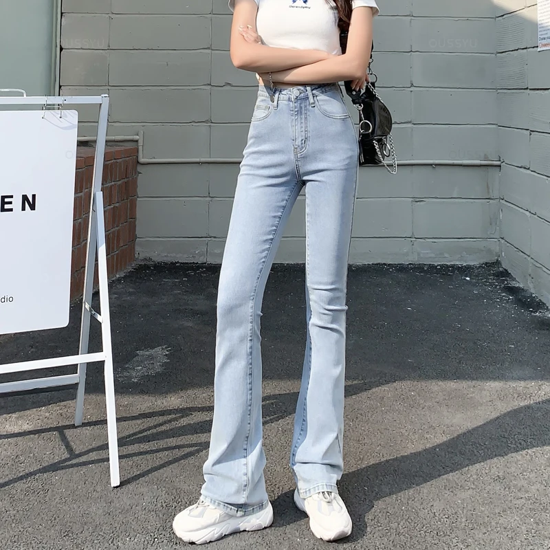 Flared Jeans Woman High Waist Denim Trousers For Female Blue White Black Elastic Skinny Fashion Classic Leisure Wide Leg Pants