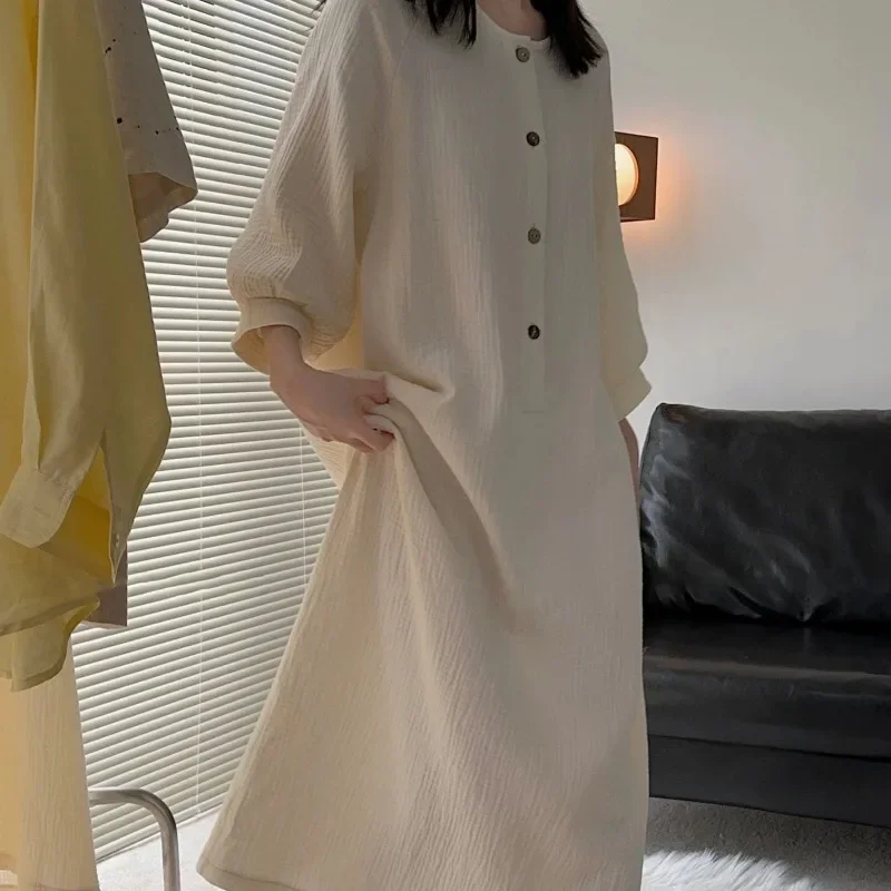 Korean Sleepwear Women Nightgown Button Loose Nightwear Autumn Night Dress Solid One Piece Pajamas O-neck Home Wear New in 2024