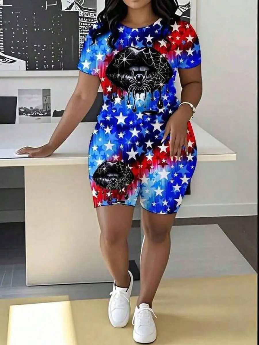 

Lip Print Two Piece Set Short Sleeve Crew Neck Casual Outfit For Women Summer Spring