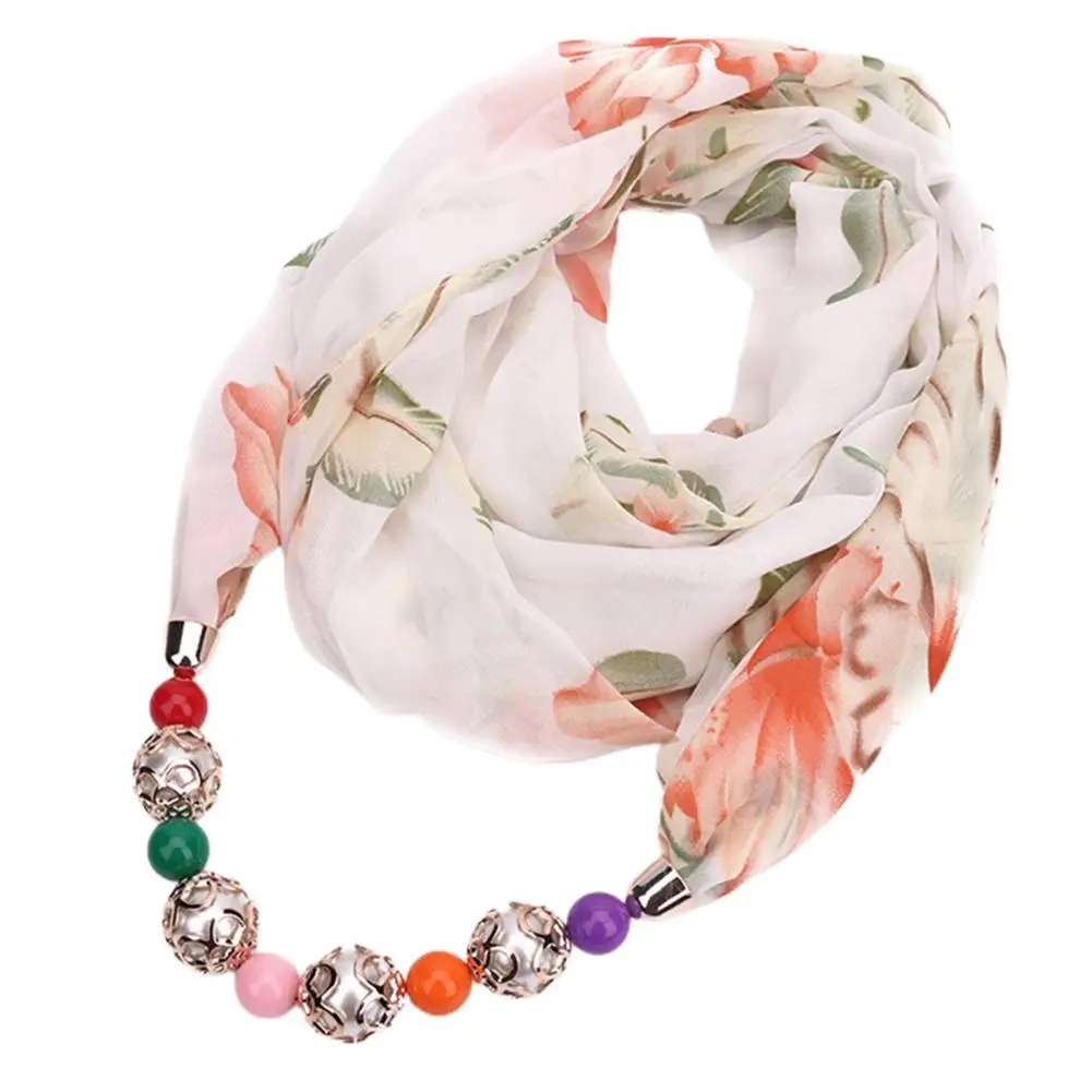 Beads Pendant Floral Print Necklace Scarf Simple Ethnic Style Vintage Chiffon Scarf Necklace Shawl For Home Шарф С Ожерельем