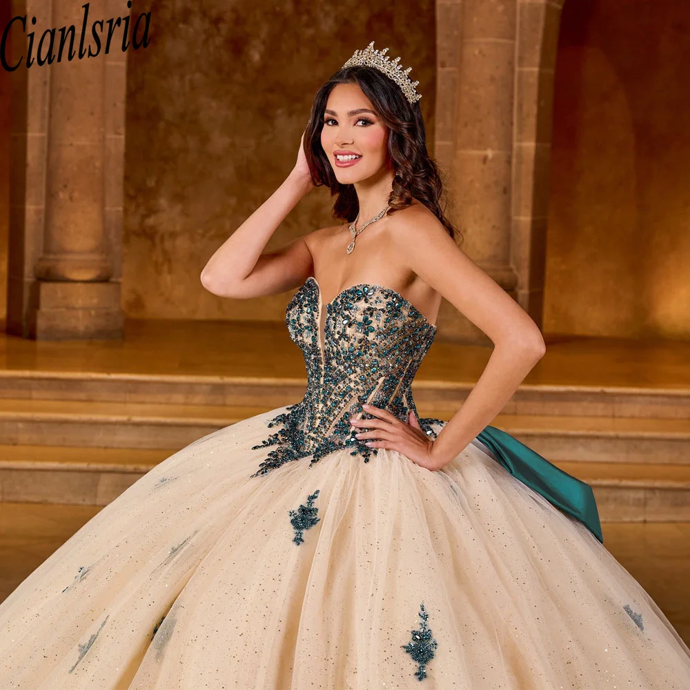 Champagne Crystal Beading Ball Gown Quinceanera Dress 3D Flowers Appliques Lace Corset Mexico Vestidos De 15 Años