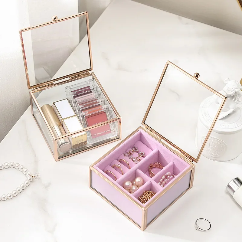 Jewelry Box Ring Storage Box Clear Glass Clamshell Portable Lipstick Storage Box Desktop Dustproof Cosmetics Storage