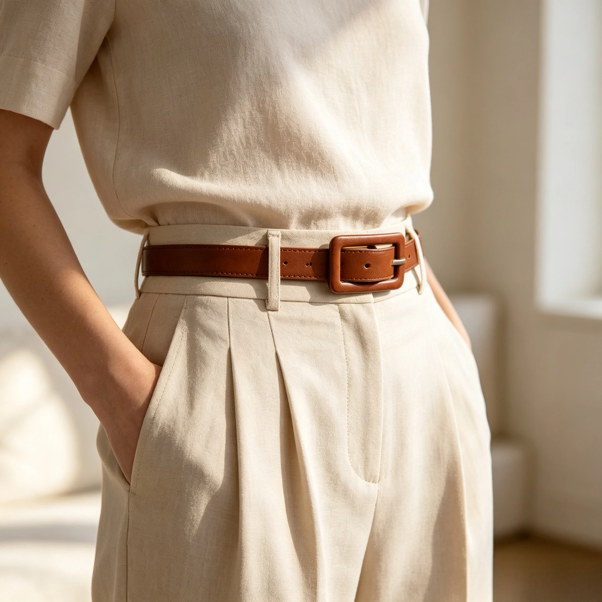 Women's Brown Thin Leather Belt Square Pin Buckle Casual Waist Belt For Pants Dress