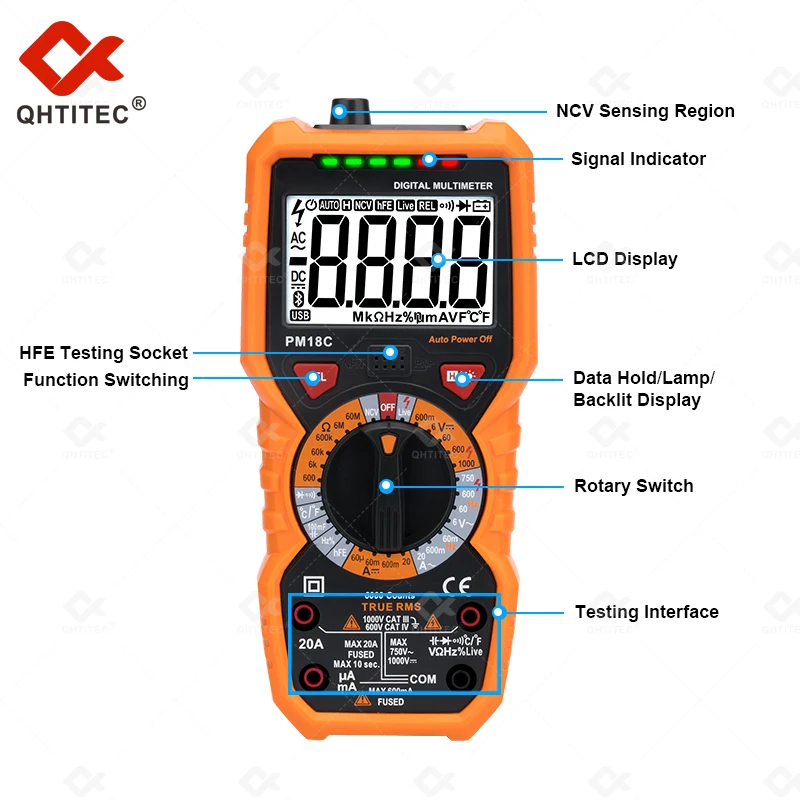 QHTITEC 6000 Counts Multimeter Professional Digital Tester Polymeter True RMS AC DC Ammeter Voltmeter 3 In 1 NCV Ohm Electrician