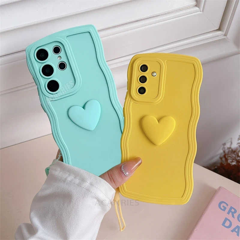 S 24 23 22 21 Love Heart Wavy Silicone Case For Samsung Galaxy S23 S21 S20 Fe S24 S22 Plus Ultra S10 S9 Lanyard Cover Note 20 10