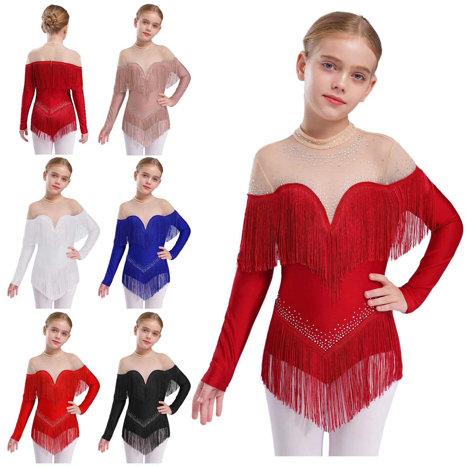 Mädchen-Trikot für lateinamerikanischen Tanz mit Fransen, glänzende Strasssteine, langärmelig, Quasten-Body für Ballsaal, Eiskunstlauf, Tango, Cha-Cha, Samba