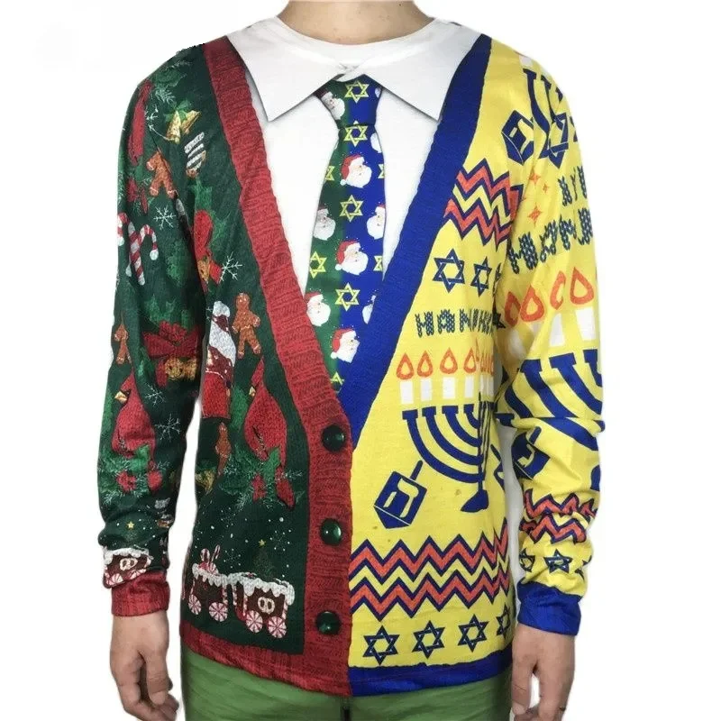 Christmas Cosplay Pattern T-Shirt For Men Fake Two Pieces 3D Print T Shirts Autumn Casual Long Sleeves Loose Round Neck Tops Tee