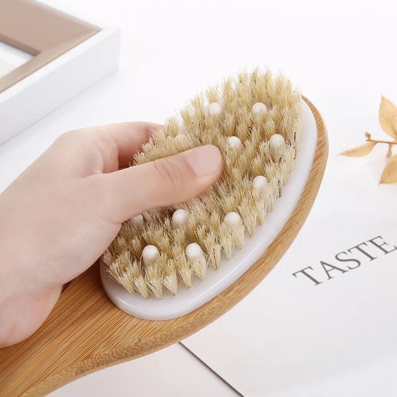 Nanzhu-cepillo de baño para frotar madera de cáñamo, pelo de cerdo, mango curvo, cepillo para piernas de pollo, masaje corporal, cepillo de baño de doble uso húmedo y húmedo