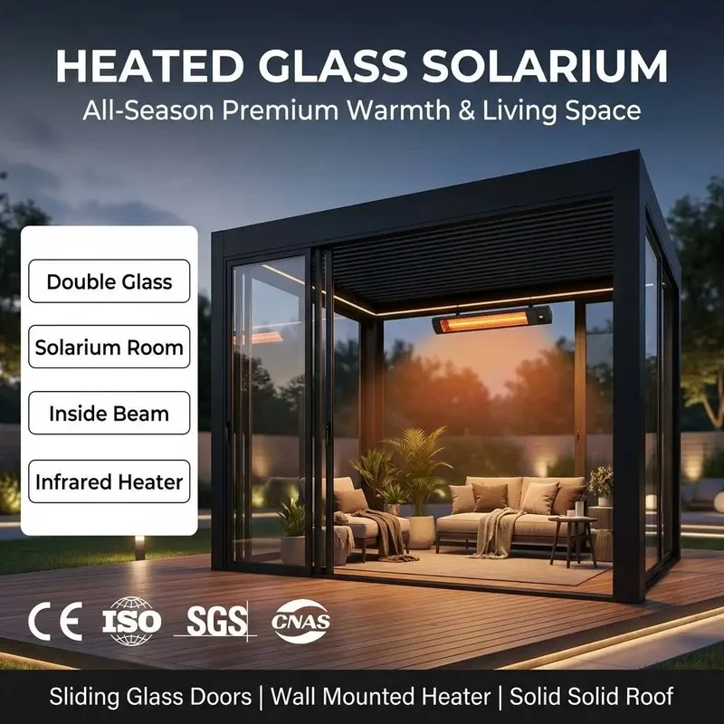 Luxury Aluminum Bioclimatic Pergola Sliding Glass Wall Mounted Heater All Season Residential Balcony Solarium Extension