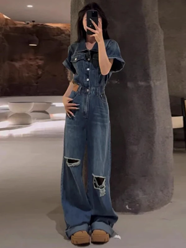 

American Retro plus Size Denim Jumpsuit Women Summer Design Sense Small Cro Hole Waist in Dr Floor-Length Pants
