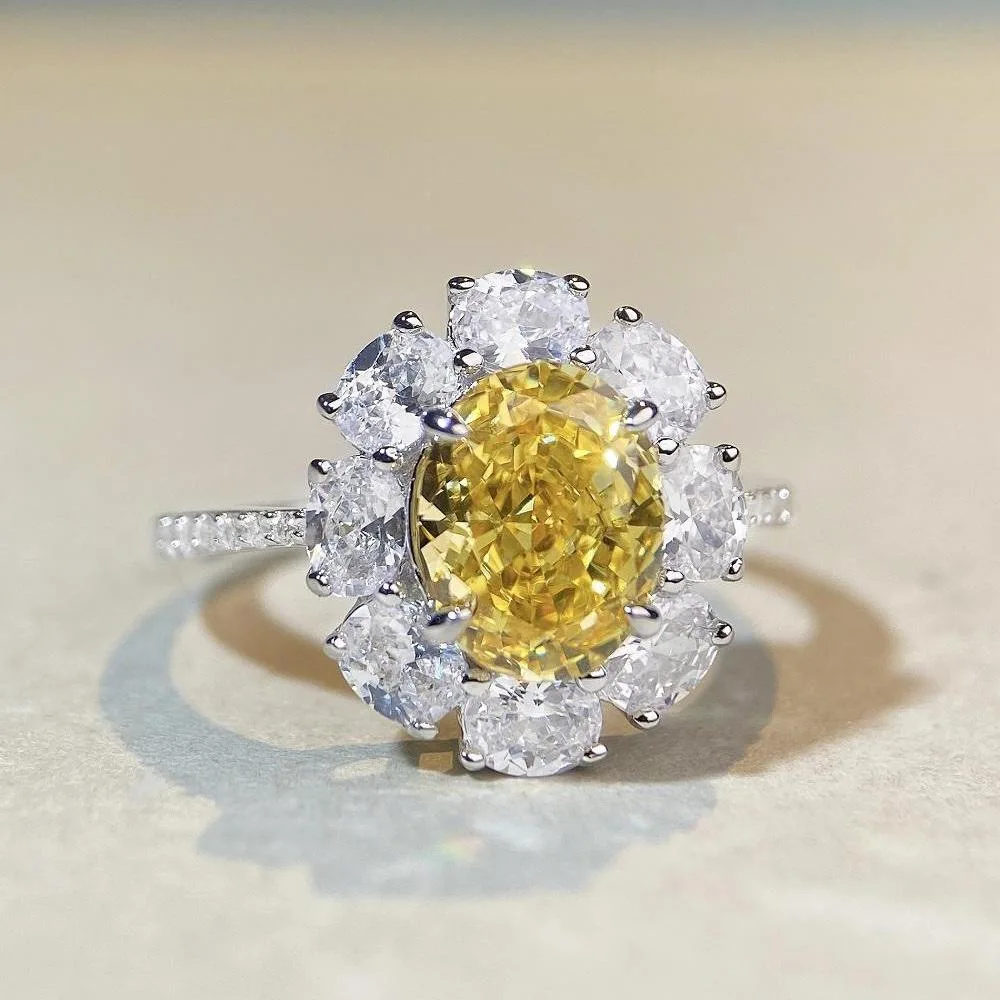

S925 Pure Silver Ring, Women's Ice Flower Cut Yellow Diamond Ring, European and American Cross-border Wholesale