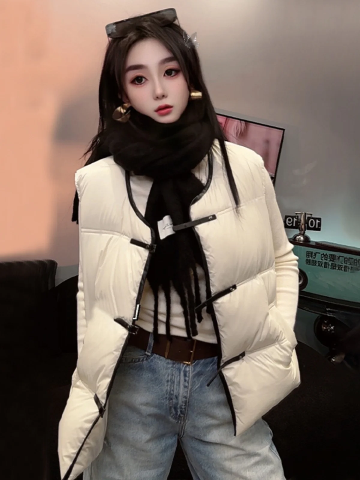 

Trendy Warm Cotton Vest Women's Autumn Winter New Sle Layering Versatile round Ne Svel Outerwear Faionable