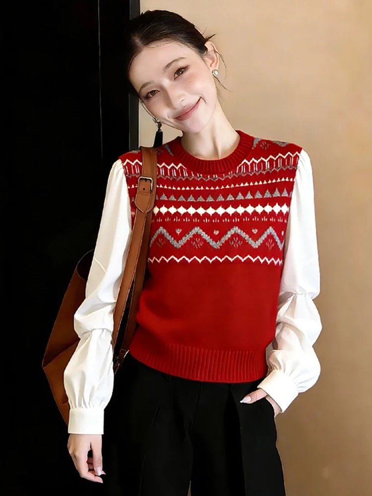 

Модный вязаный топ с длинным рукавом для женщин, весна 2026, новинка, облегающая базовая кофта, ретро-дизайн, имитация двухслойности