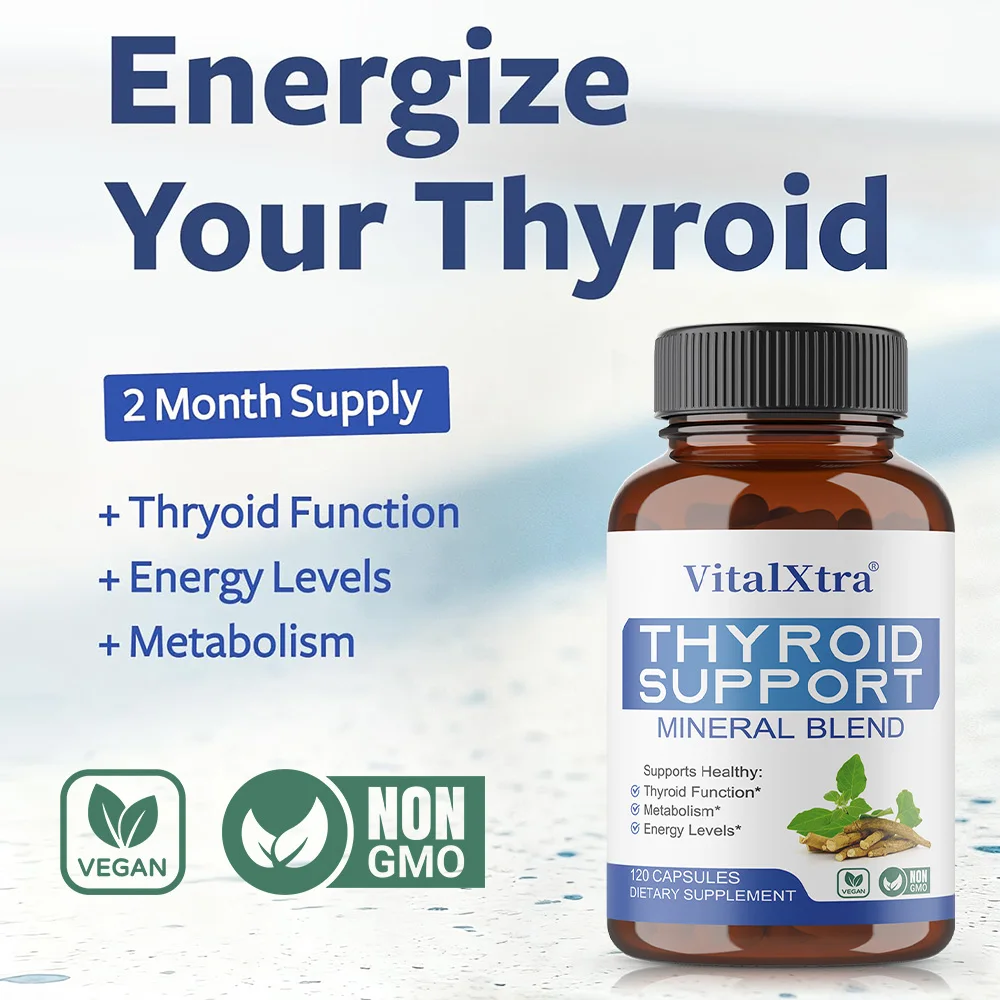 مكمل دعم الغدة الدرقية، مستخلص جذور أشواغاندا، اليود، السيلينيوم، الزنك، وفيتامين B12 لتعزيز الطاقة والواضح الذهني