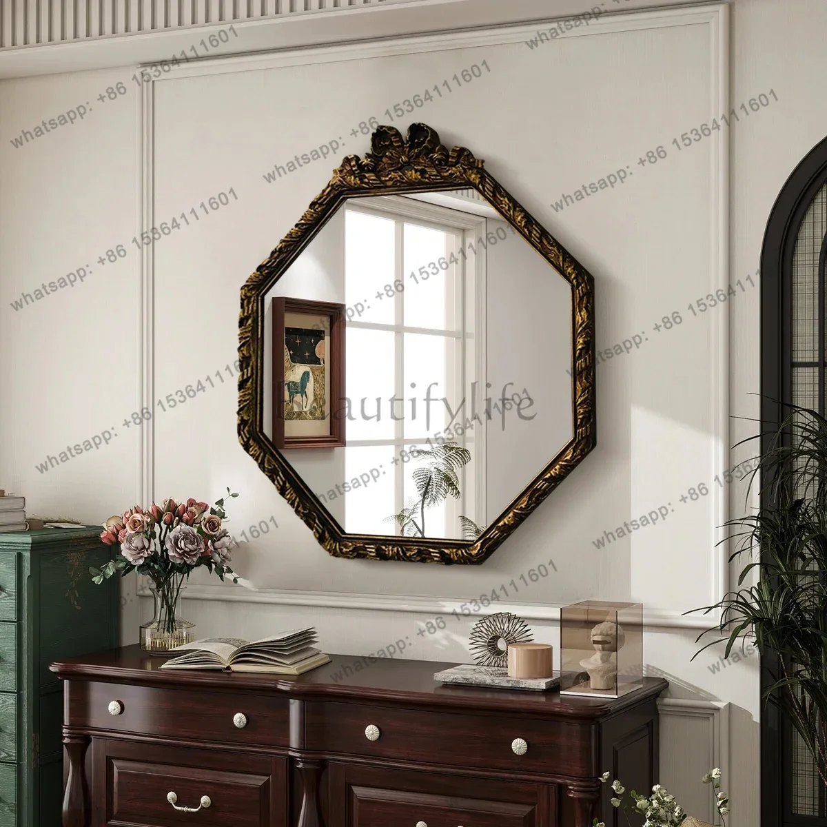 

Polygonal retro decorative mirror household vanity mirror light luxury bathroom French entrance mirror