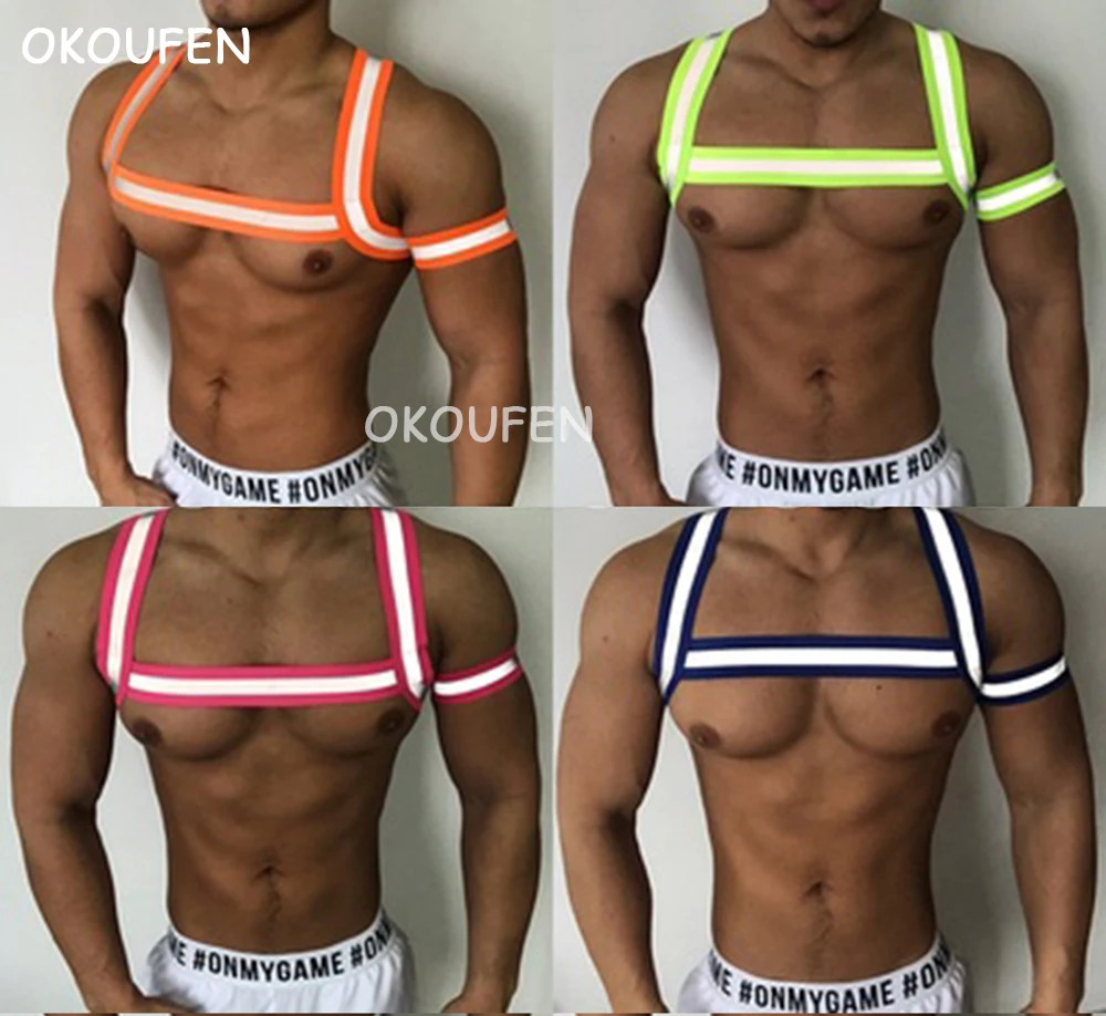 Reflective fluorescent elastic shoulder strap nightclub male singer chest strap white lying HP dance performance Gcircuit WP