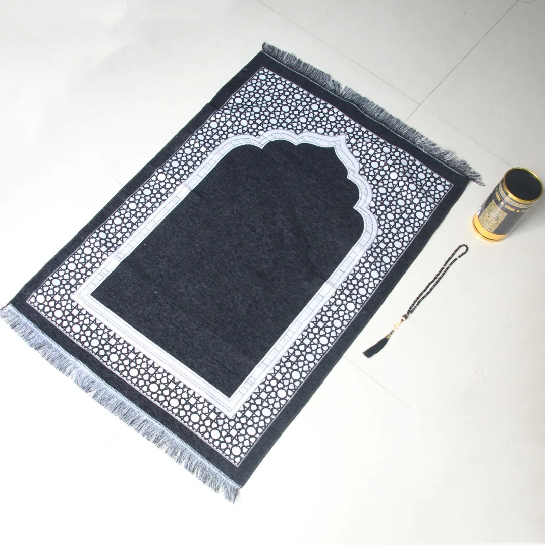 Portable Bucket-Style White Spot Arch Prayer Rug, Chenille Fabric Arch Printed Worship Mat with 99-Bead Prayer Bead Storage Set