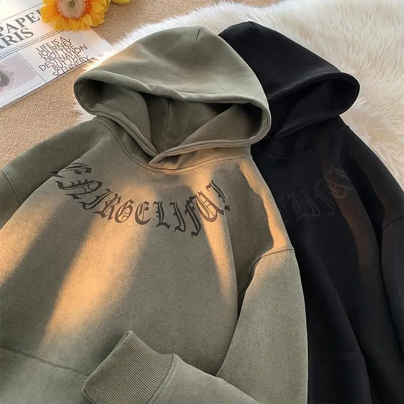 Heavy suede hooded sweatshirt men\'s 2024 autumn fashion brand printed cordless pullover y2k Shandong Jimo hoodie