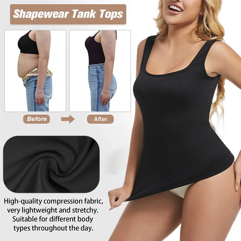 1/2 Stück Shapewear Bauchkontrolle Tank Top Kompressionstanks für Frauen Square Neck Nahtfreier Body Shaper Camisole Cami Tops – Detail 4