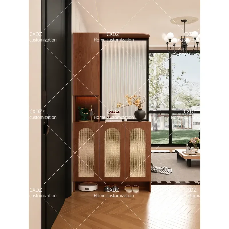 Customized ENF Grade Medieval Style Entrance Partition Cabinet Imitation Rattan Weaving Foyer Storage Integrated Cabinet