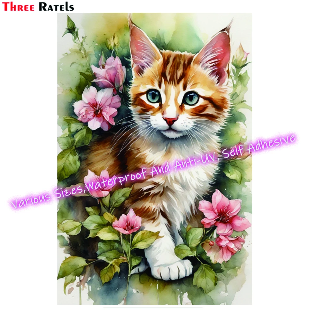 Three Ratels M309 Cute Kitten With Flowers Wall Stickers And Decals for Living Room Bedroom Decoration Vinyl Material