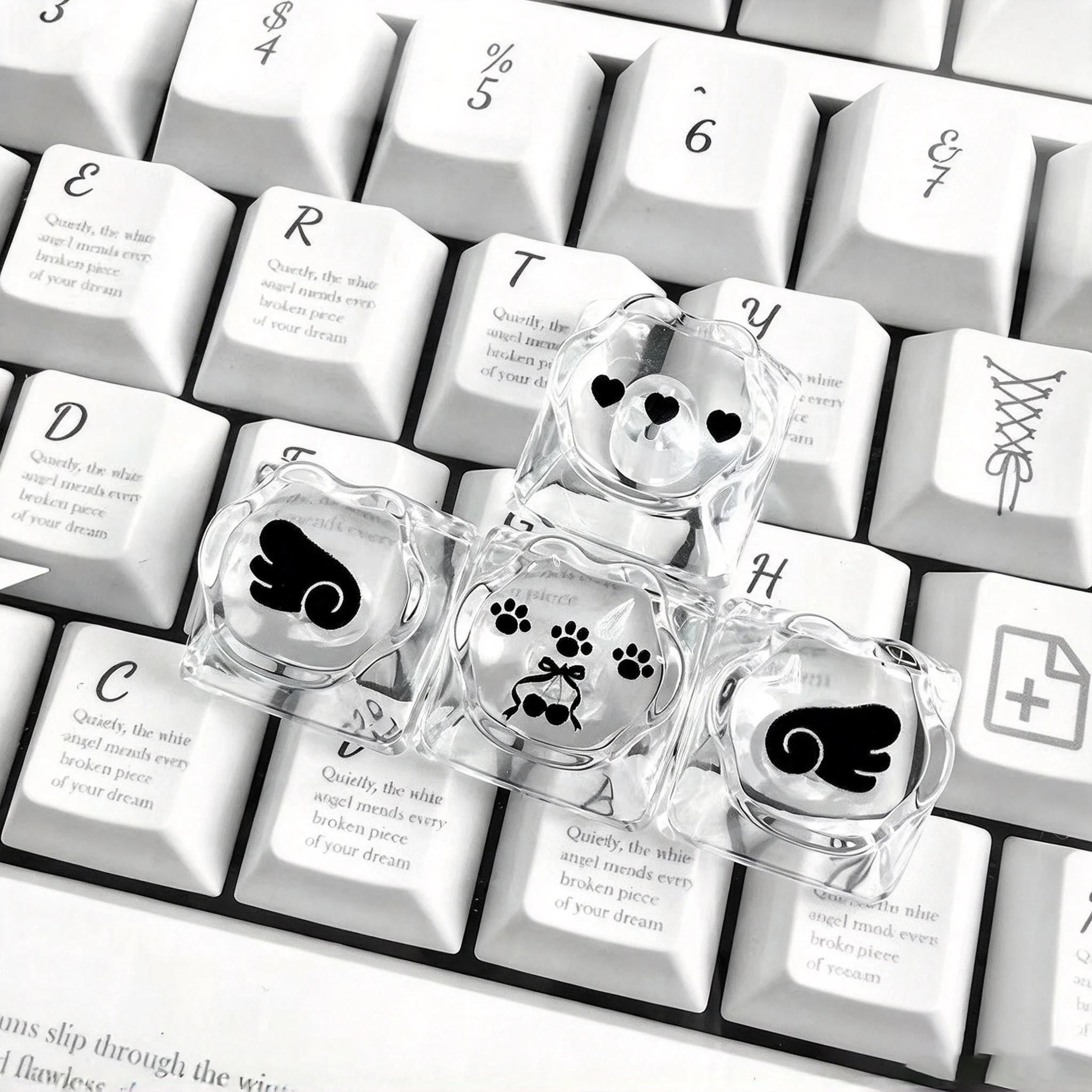 Ins PC Light-through Cat Ears Cat Paw Cute Y2K Music Note Wings Stickers Personalized Keycaps Arrow Keys Magnetic Switches Black