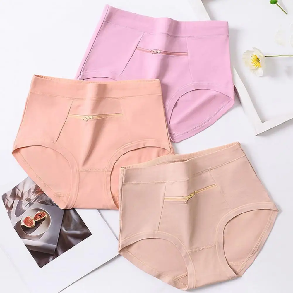 Women Underwear Anti-theft Zipper Pocket High Waist Seamless Stretch Breathable Cotton Middle-aged Mom Brief Panties Underpants