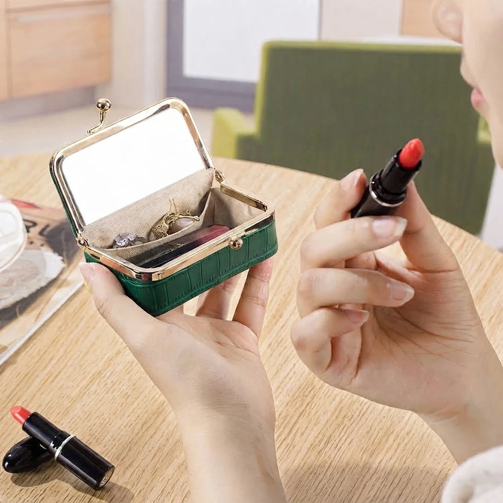 Mini Portable Crocodile Pattern Lipstick Organizer Case Multi-functional Small Makeup Bag with Mirror Cosmetic Storage Pouch