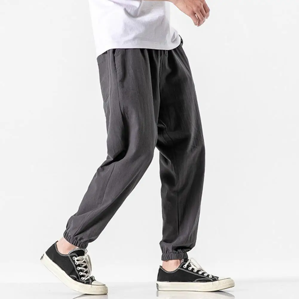 

Men Casual Trousers Retro Men's Ninth Pants with Side Pockets Drawstring Waist for Gym Training Jogging Solid Color Long Beach