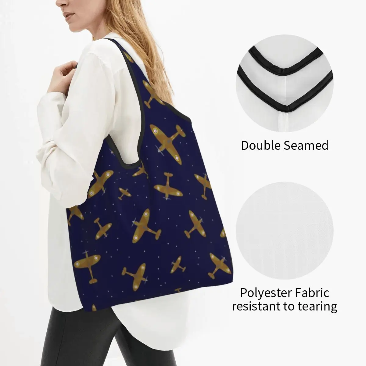 Spitfire War Planes In Flight On Navy Blue Shopping Tote Bags Portable Supermarine Fighter Pilot Grocery Shopper Shoulder Bag