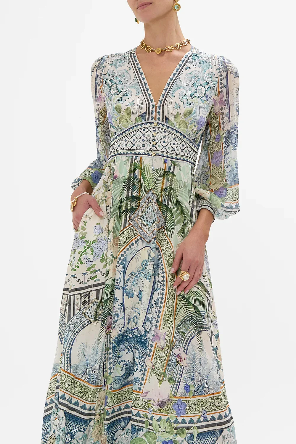 

Crystal Beaded Women Retro Print Maxi Dress 2025 New V-Neck Long Sleeve High Waist Vintage Ladies Silk Robe
