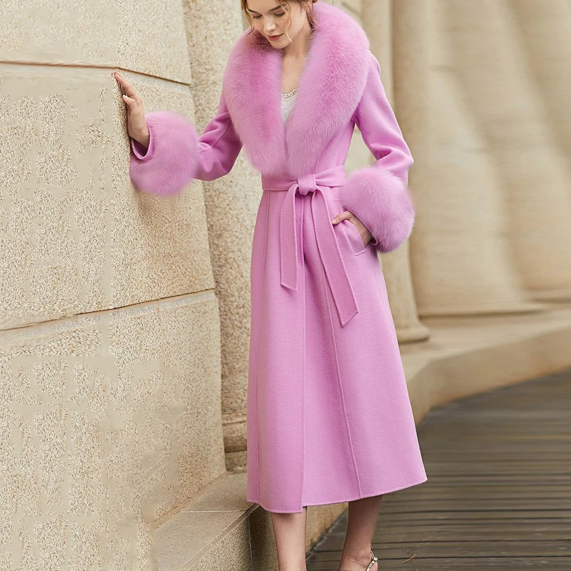 

100% двустороннее шерстяное пальто, женское длинное пальто с воротником из натурального большего лисьего меха, новинка 2025 года, на шнуровке, с тонкой талией, женская шерстяная верхняя одежда