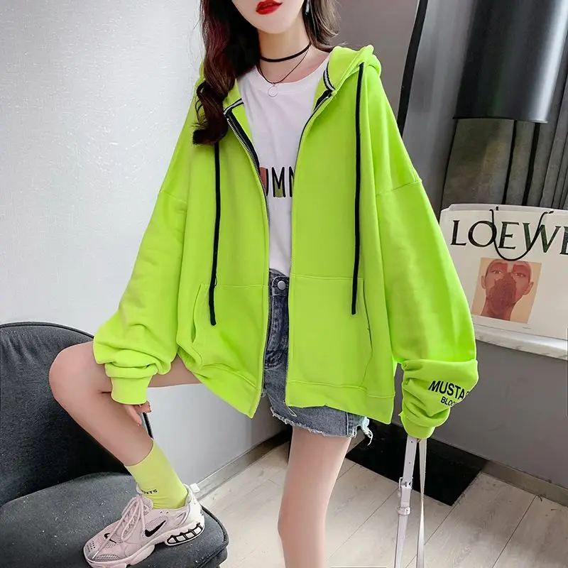 Women\'s Hooded Full Zip Up Sweatshirts Green Letter Printing Spring and Autumn Hoodies Text Baggy Female Top Loose with Zipper M