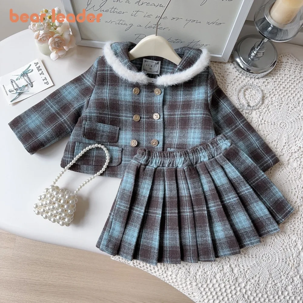 

Bear Leader College Style Girls' Sets Autumn Winter Warm Children's Clothing Long Sleeved Lapel Jacket+Pleated Skirt 2-piece