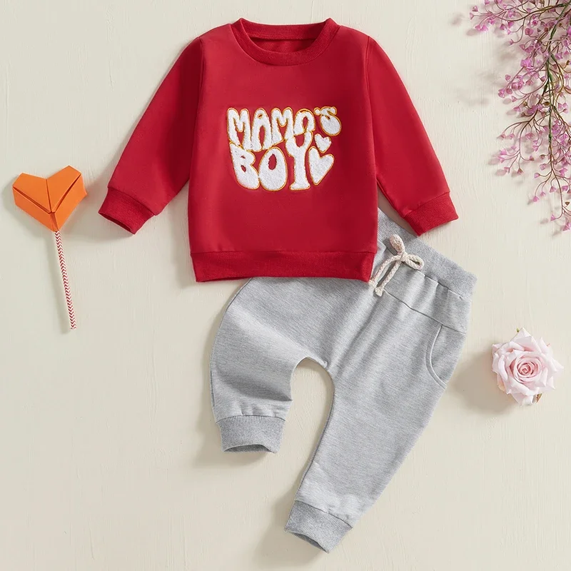 

2Pcs Autumn Baby Boys Clothes Valentine's Day Outfits Letter Embroidery Long Sleeve Sweatshirt with Solid Long Pants Set