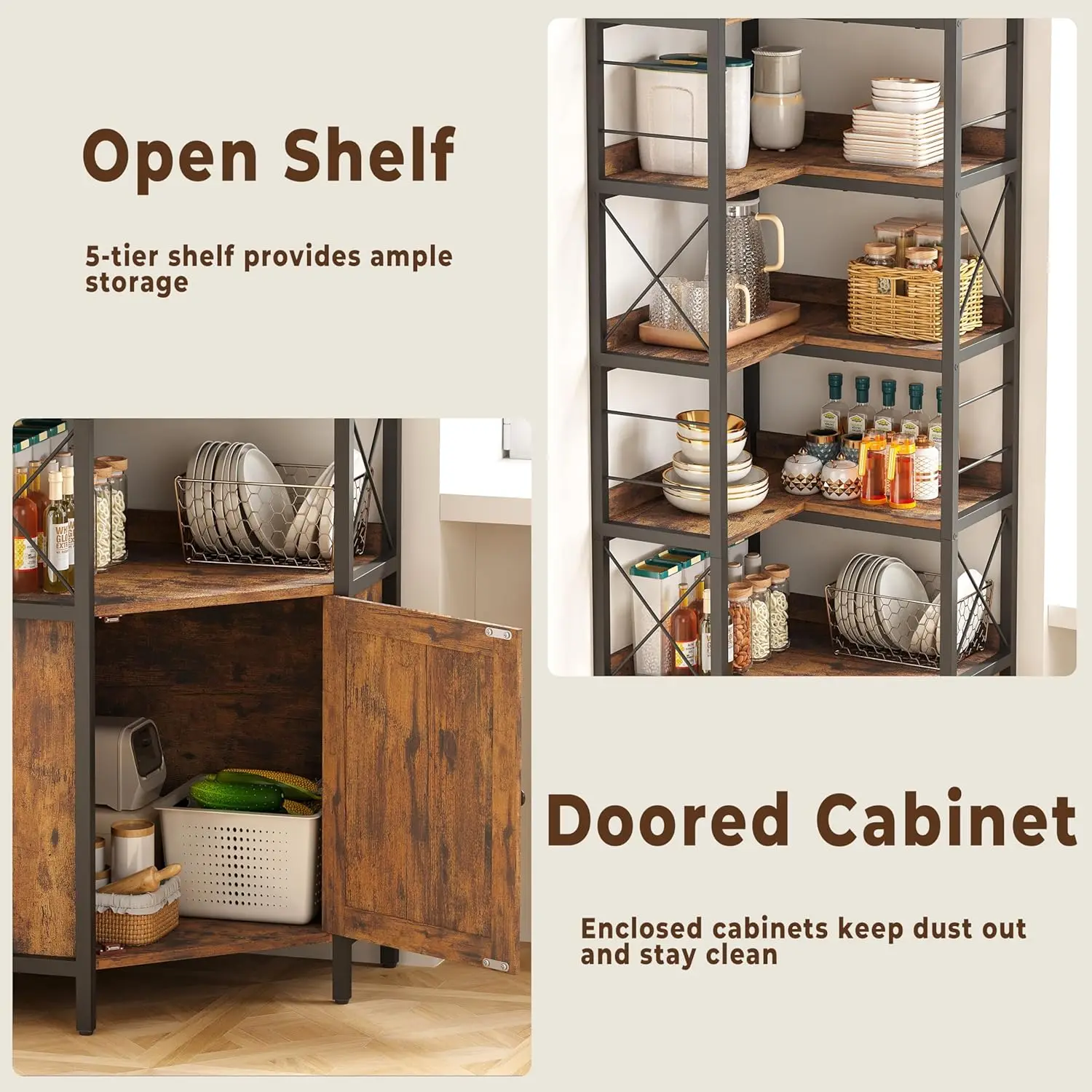 رف كتب مكون من 5 طبقات مع حواجز، وخزانة كتب صناعية مع أبواب لغرفة المعيشة والمطبخ #5