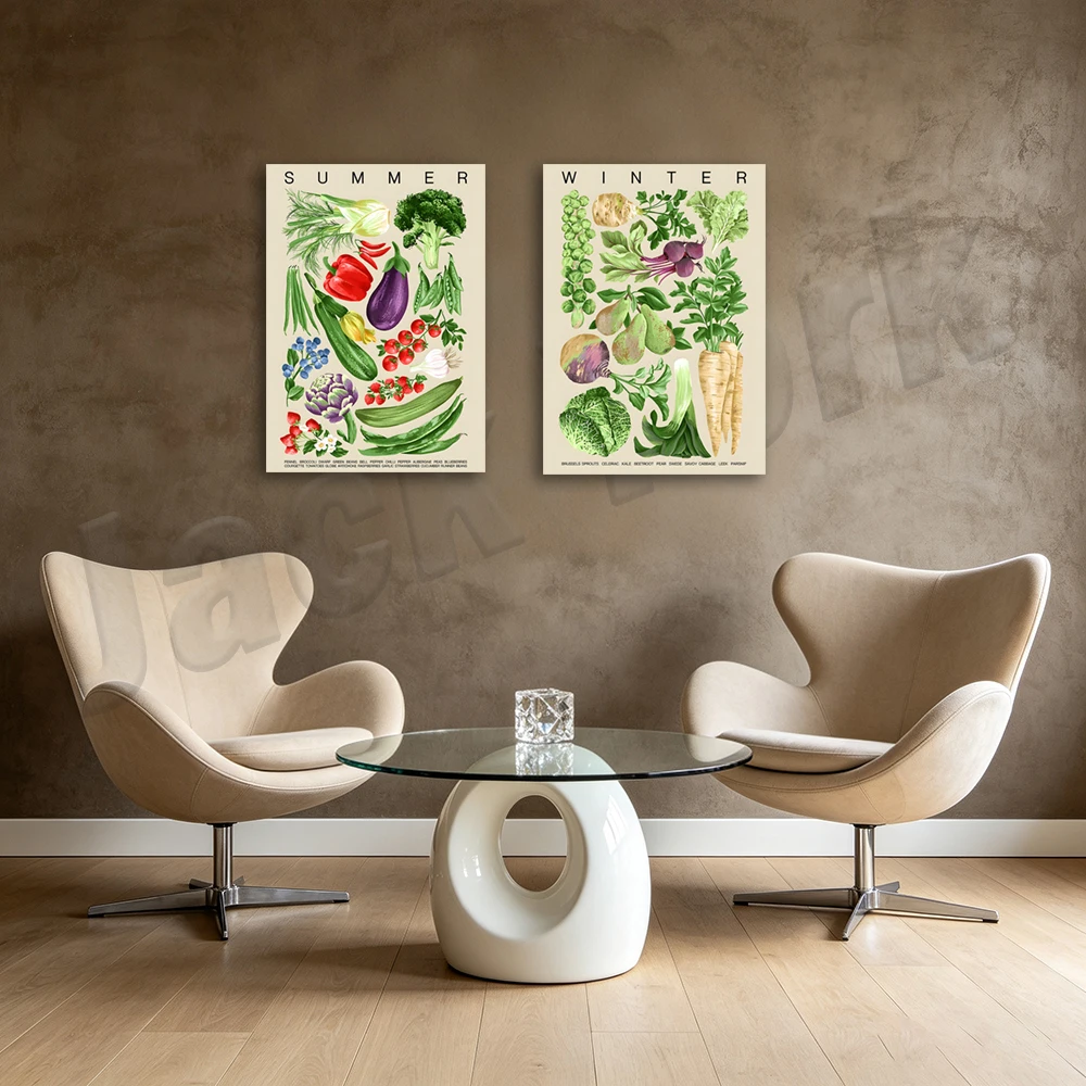 Fruits and vegetables, eat seasonal poster, develop your own lifestyle, kitchen decoration allotment illustration picture