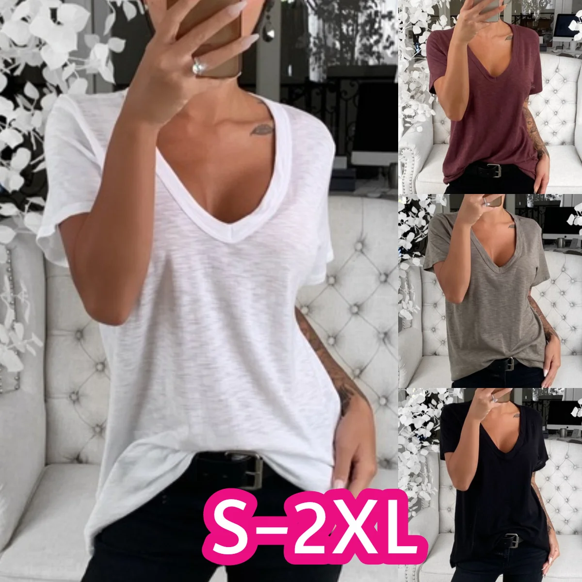 Women\'s Summer V-neck Loose Short Sleeve T-shirts Casual Solid T Shirt For Women Y2k Top Female Clothings