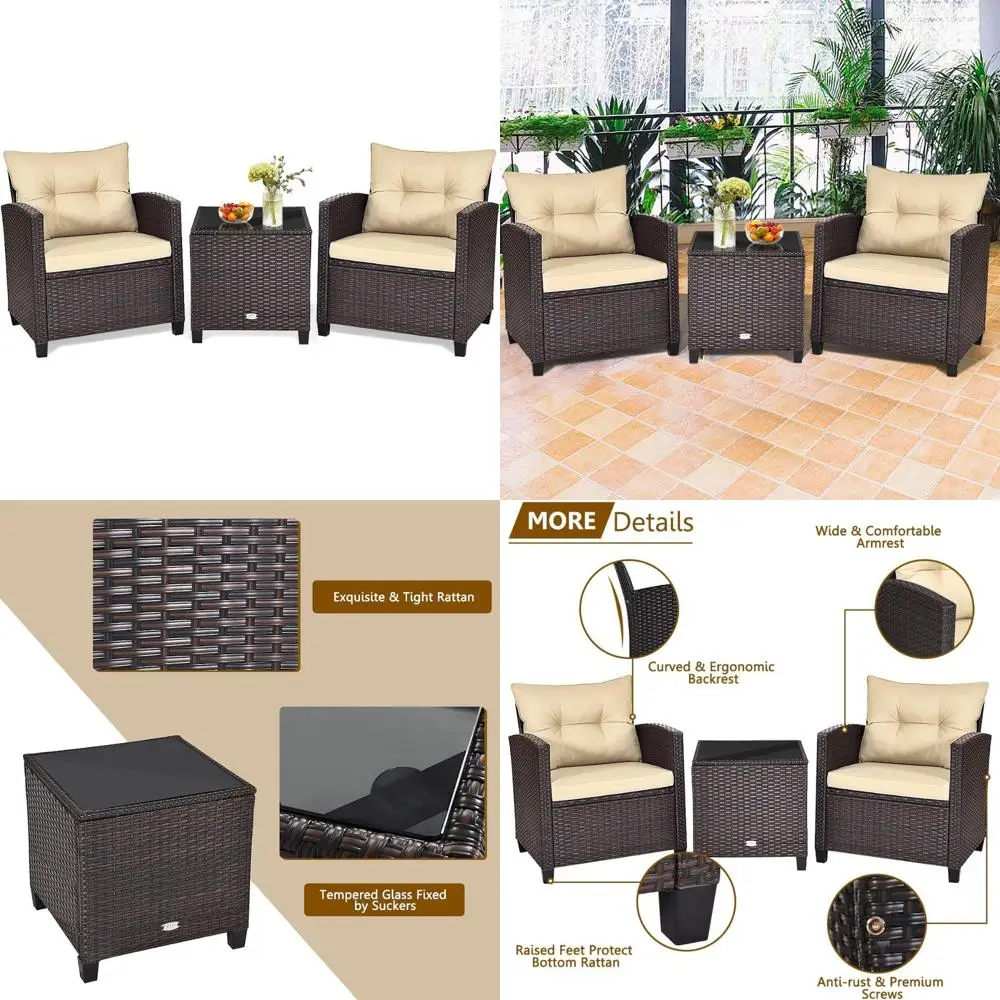 

3-Piece Outdoor Patio Conversation Set with Removable Cushions, PE Rattan Sofa and Chairs