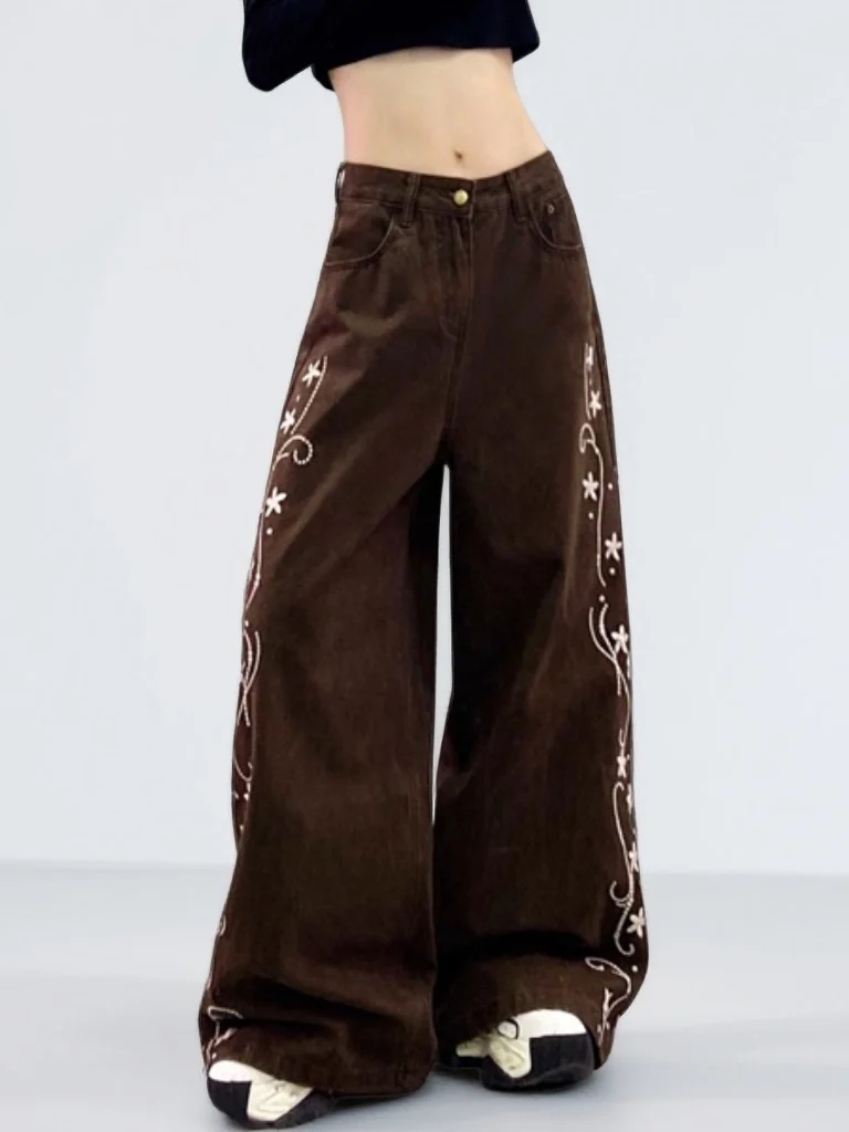 

Модные прямые джинсы с высокой талией и цветочной вышивкой, женские повседневные широкие брюки, весенний сезон, свободный крой для взрослых